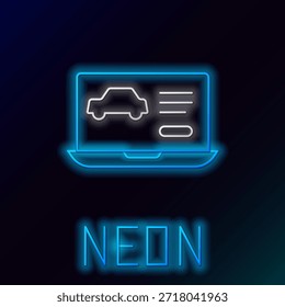 Línea de neón brillante Condición de diagnóstico de hardware del icono del coche aislado sobre fondo negro. Servicio y reparación de piezas de automóviles. Concepto de contorno colorido. Vector