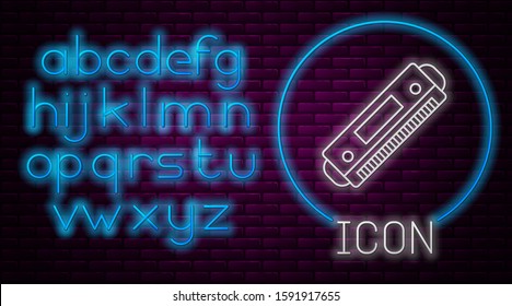 Glowing neon line Harmonica icon isolated on brick wall background. Musical instrument. Neon light alphabet. Vector Illustration