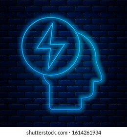 Glowing neon line Head and electric symbol icon isolated on brick wall background.  Vector Illustration
