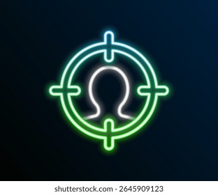 Glowing neon line Head hunting icon isolated on black background. Business target or Employment sign. Human resource and recruitment for business. Colorful outline concept. Vector