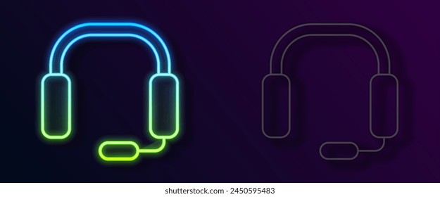 Glowing neon line Headphones icon isolated on black background. Earphones. Concept for listening to music, service, communication and operator.  Vector