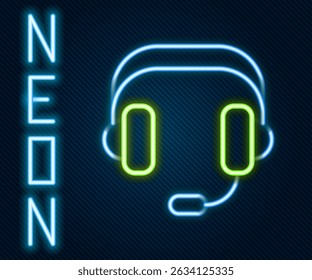 Glowing neon line Headphones icon isolated on black background. Earphones. Concept for listening to music, service, communication and operator. Colorful outline concept. Vector