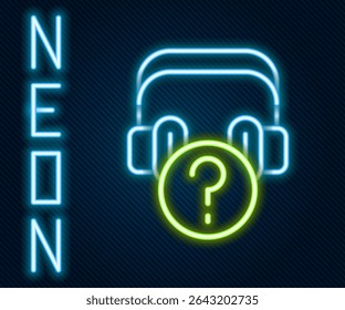 Glowing neon line Headphones with question icon isolated on black background. Support customer service, hotline, call center, faq, maintenance. Colorful outline concept. Vector