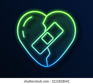 Glowing neon line Healed broken heart or divorce icon isolated on blue background. Shattered and patched heart. Love symbol. Valentines day.  Vector