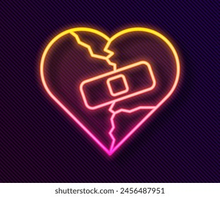 Glowing neon line Healed broken heart or divorce icon isolated on black background. Shattered and patched heart. Love symbol. Valentines day.  Vector