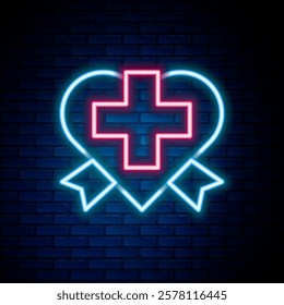 Glowing neon line Heart with a cross icon isolated on brick wall background. First aid. Healthcare, medical and pharmacy sign. Colorful outline concept. Vector
