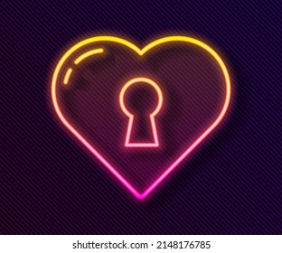 Línea de neón brillante Corazón con el icono del ojo de cerradura aislado en el fondo negro. Corazón bloqueado. Símbolo de amor y signo de ojo de cerradura.  Vector