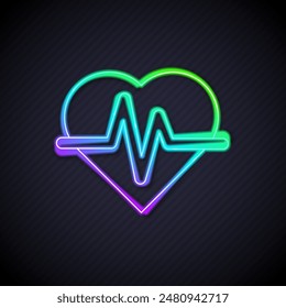 Glowing neon line Heart rate icon isolated on black background. Heartbeat sign. Heart pulse icon. Cardiogram icon.  Vector