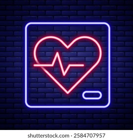 Glowing neon line Heart rate icon isolated on brick wall background. Heartbeat sign. Heart pulse icon. Cardiogram icon. Colorful outline concept. Vector