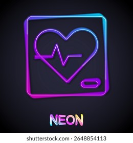 Glowing neon line Heart rate icon isolated on black background. Heartbeat sign. Heart pulse icon. Cardiogram icon.  Vector
