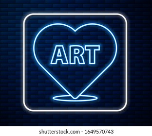 Glowing neon line Heart with text art icon isolated on brick wall background.  Vector Illustration