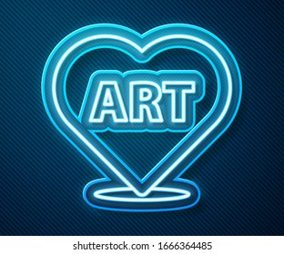 Glowing neon line Heart with text art icon isolated on blue background.  Vector Illustration