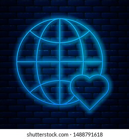 Glowing neon line The heart world - love icon isolated on brick wall background.  Vector Illustration