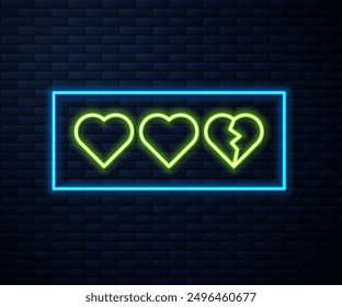 Glowing neon line Hearts for game icon isolated on brick wall background.  Vector