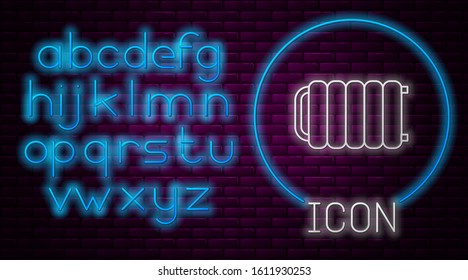 Glowing neon line Heating radiator icon isolated on brick wall background. Neon light alphabet. Vector Illustration