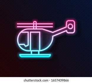 Glowing neon line Helicopter aircraft vehicle icon isolated on black background.  Vector Illustration