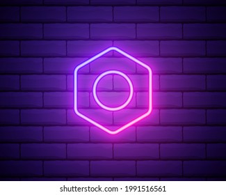 Glowing neon line Hexagonal metal nut icon isolated on brick wall background. Vector Illustration.