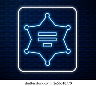 Glowing neon line Hexagram sheriff icon isolated on brick wall background. Police badge icon.  Vector Illustration