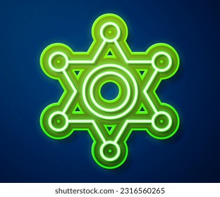 Glowing neon line Hexagram sheriff icon isolated on blue background. Police badge icon.  Vector