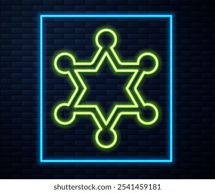 Glowing neon line Hexagram sheriff icon isolated on brick wall background. Police badge icon.  Vector