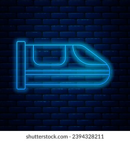 Glowing neon line High-speed train icon isolated on brick wall background. Railroad travel and railway tourism. Subway or metro streamlined fast train transport.  Vector
