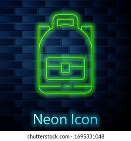 Glowing neon line Hiking backpack icon isolated on brick wall background. Camping and mountain exploring backpack. Vector Illustration