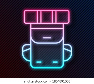 Glowing neon line Hiking backpack icon isolated on black background. Camping and mountain exploring backpack.  Vector