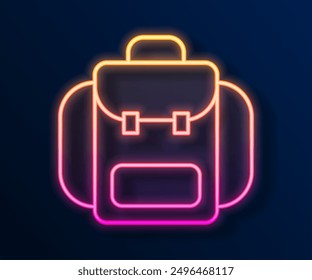 Glowing neon line Hiking backpack icon isolated on black background. Camping and mountain exploring backpack.  Vector