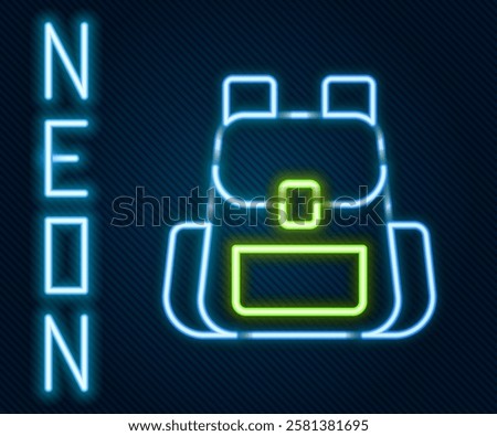 Glowing neon line Hiking backpack icon isolated on black background. Camping and mountain exploring backpack. Colorful outline concept. Vector