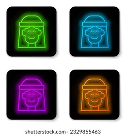 Glowing neon line Hippie girl icon isolated on white background. Peace and love sign. Symbol pacificism freedom and love. Black square button. Vector