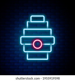 Glowing neon line Hive for bees icon isolated on brick wall background. Beehive symbol. Apiary and beekeeping. Sweet natural food. Colorful outline concept. Vector