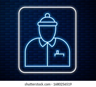 Glowing neon line Hockey coach icon isolated on brick wall background.  Vector Illustration