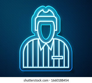 Glowing neon line Hockey judge, referee, arbiter icon isolated on blue background.  Vector Illustration