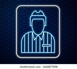 Glowing neon line Hockey judge, referee, arbiter icon isolated on brick wall background.  Vector Illustration