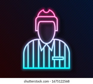 Glowing neon line Hockey judge, referee, arbiter icon isolated on black background.  Vector Illustration