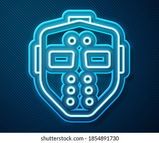 Glowing neon line Hockey mask icon isolated on blue background. Happy Halloween party.  Vector