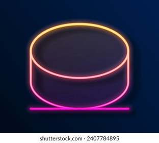 Glowing neon line Hockey puck icon isolated on black background.  Vector