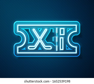 Glowing neon line Hockey sports ticket icon isolated on blue background.  Vector Illustration