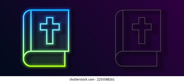 Línea de neón brillante Icono de libro de la sagrada biblia aislado en el fondo negro.  Vector