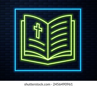 Glowing neon line Holy bible book icon isolated on brick wall background.  Vector