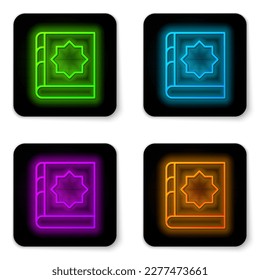 Glowing neon line Holy book of Koran icon isolated on white background. Muslim holiday, Eid Mubarak, Eid al-fitr, Ramadan Kareem. Black square button. Vector