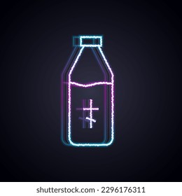 Glowing neon line Holy water bottle icon isolated on black background. Glass flask with magic liquid.  Vector