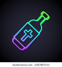 Glowing neon line Holy water bottle icon isolated on black background. Glass flask with magic liquid.  Vector