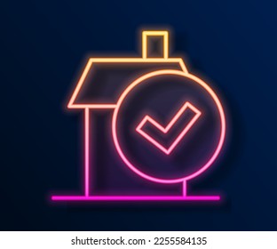 Glowing neon line Home cleaning service concept icon isolated on black background. Building and house.  Vector