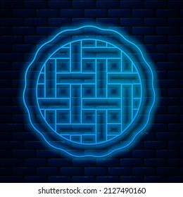 Glowing neon line Homemade pie icon isolated on brick wall background.  Vector