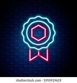 Glowing neon line Honey award icon isolated on brick wall background. Honey medal. Colorful outline concept. Vector