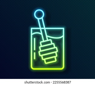 Glowing neon line Honey dipper stick icon isolated on black background. Honey ladle.  Vector
