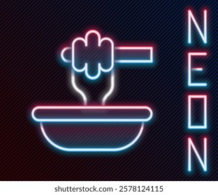 Glowing neon line Honey dipper stick with bowl icon isolated on black background. Honey ladle. Colorful outline concept. Vector