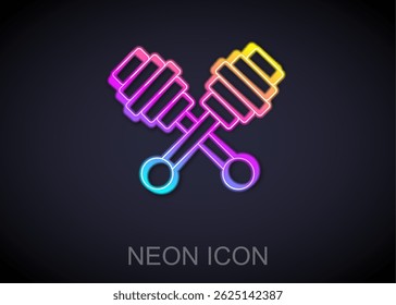 Glowing neon line Honey dipper stick icon isolated on black background. Honey ladle.  Vector