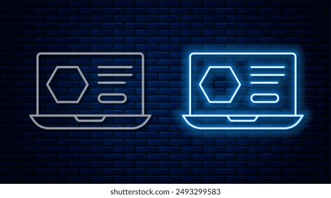 Glowing neon line Honey online service or platform icon isolated on brick wall background. Countryside organic product. Online shop.  Vector